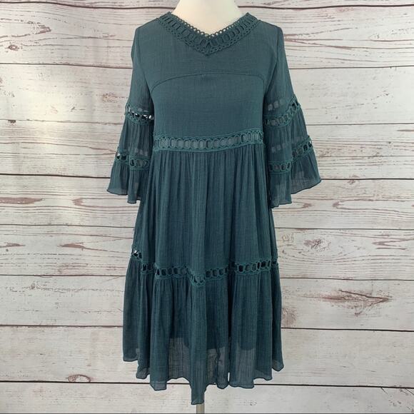 Listicle steel blue boho bell sleeve open lace - Picture 1 of 15